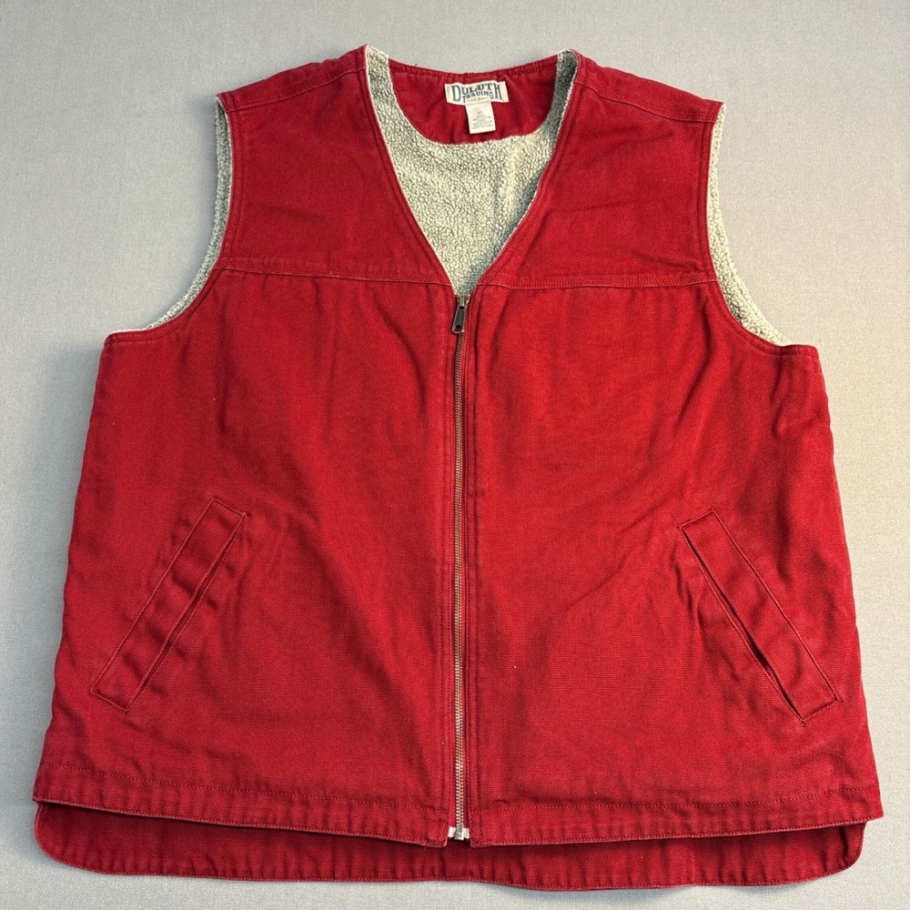 Duluth Trading Co Mens XL Red Canvas Sherpa Lined Work Vest Full Zip Cotton